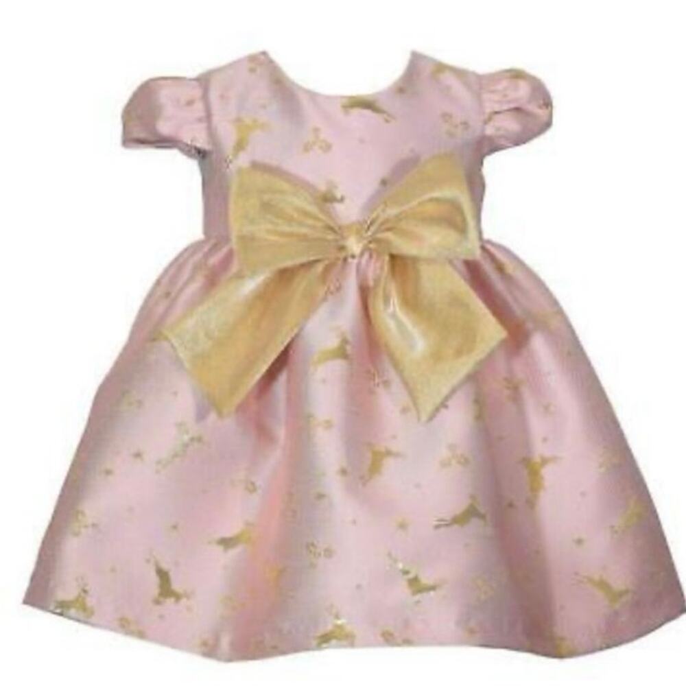 Bonnie Jean Pink and Gold Holiday Bow Dress